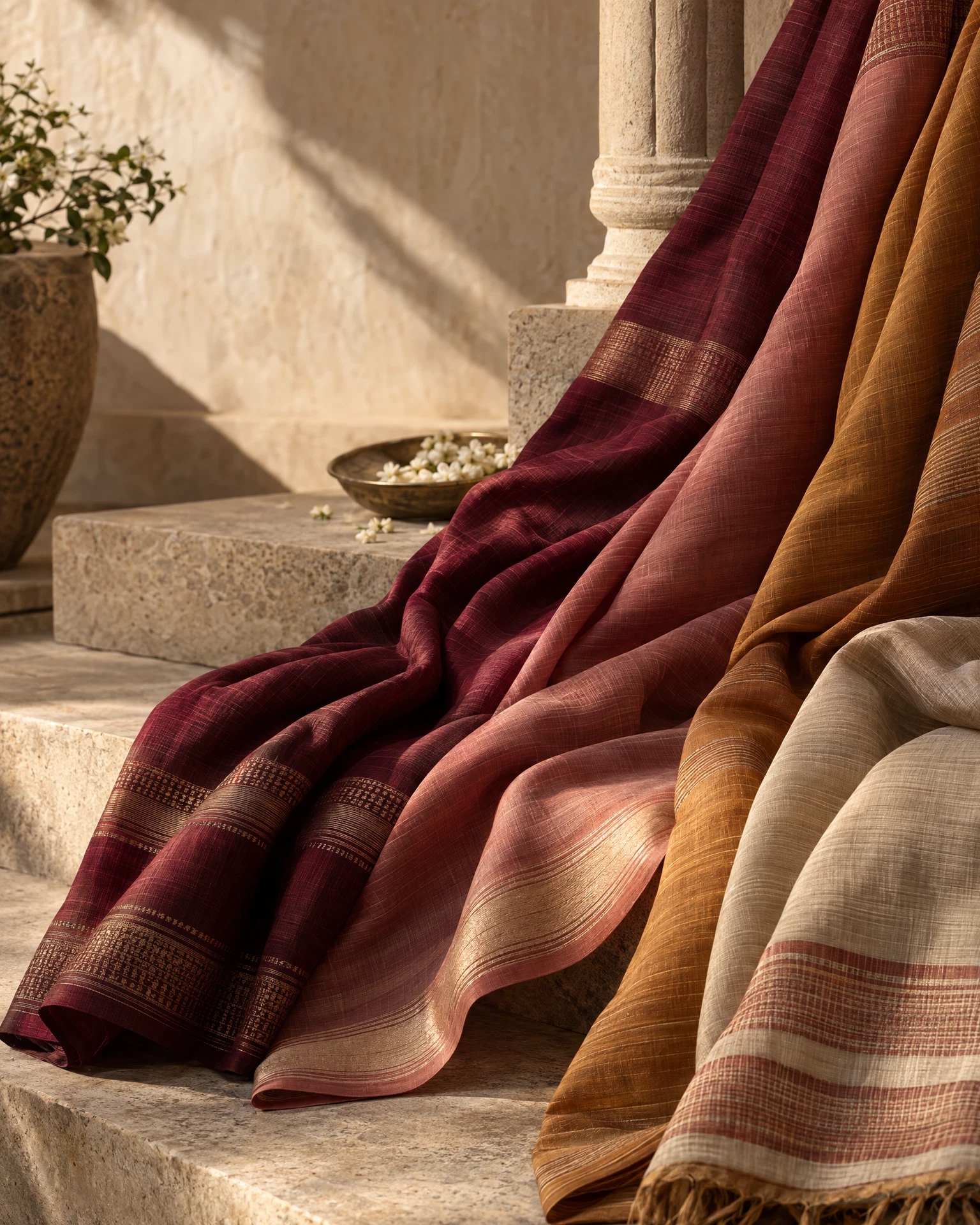 Editorial illustration of richly draped textiles in burgundy and warm gold tones