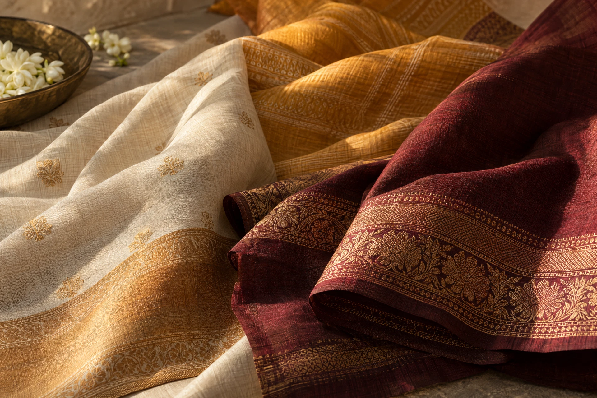 Illustrative close-up of woven fabric textures in warm ivory and wine colours